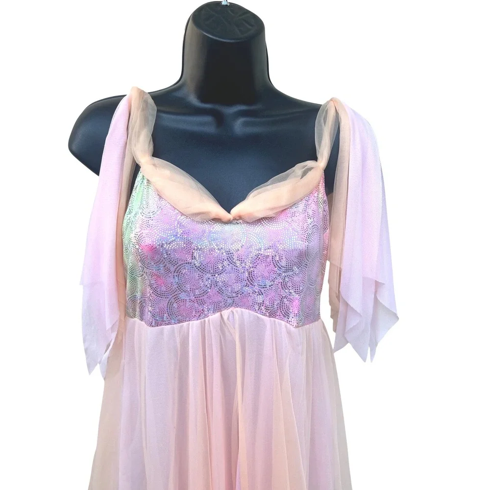 Holographic Sequin Lyrical Dance Costume Pink Peach Mesh Fairy Dress Leotard - Picture 3 of 7